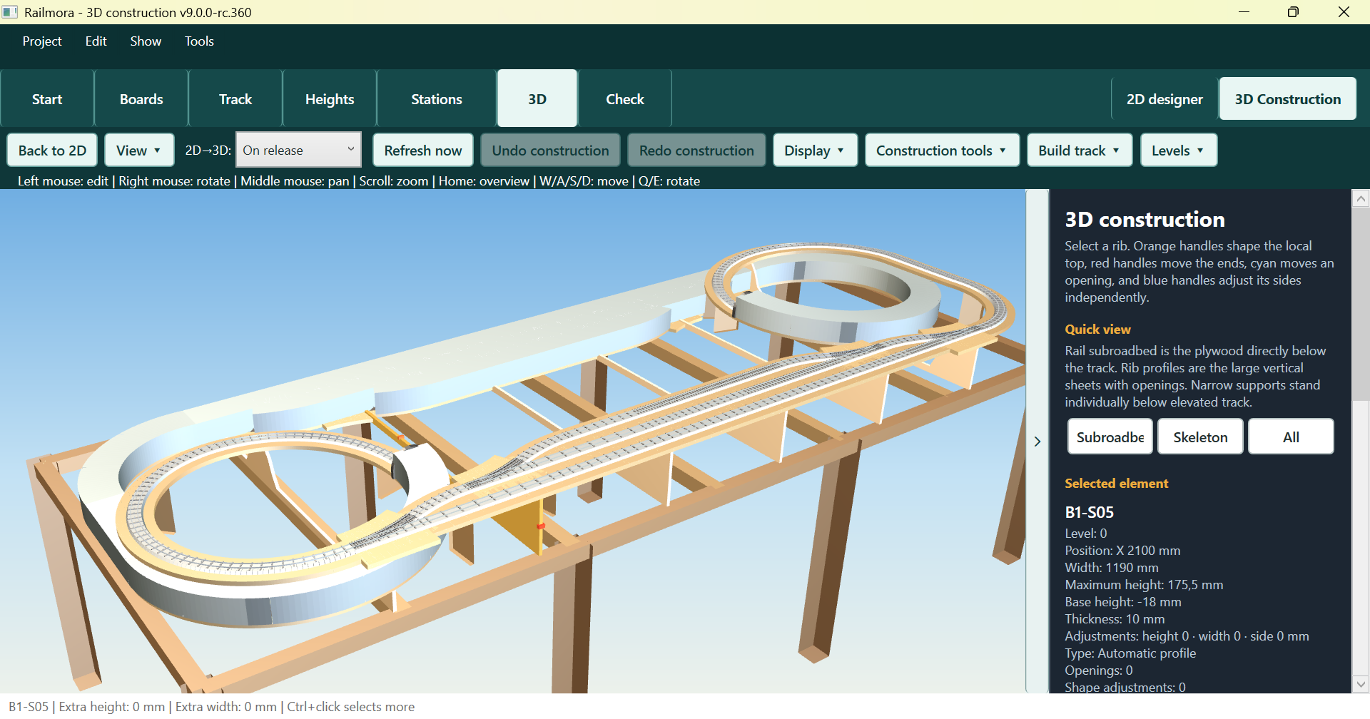 Railmora 3D Construction view with automatic timber frame and track roadbed