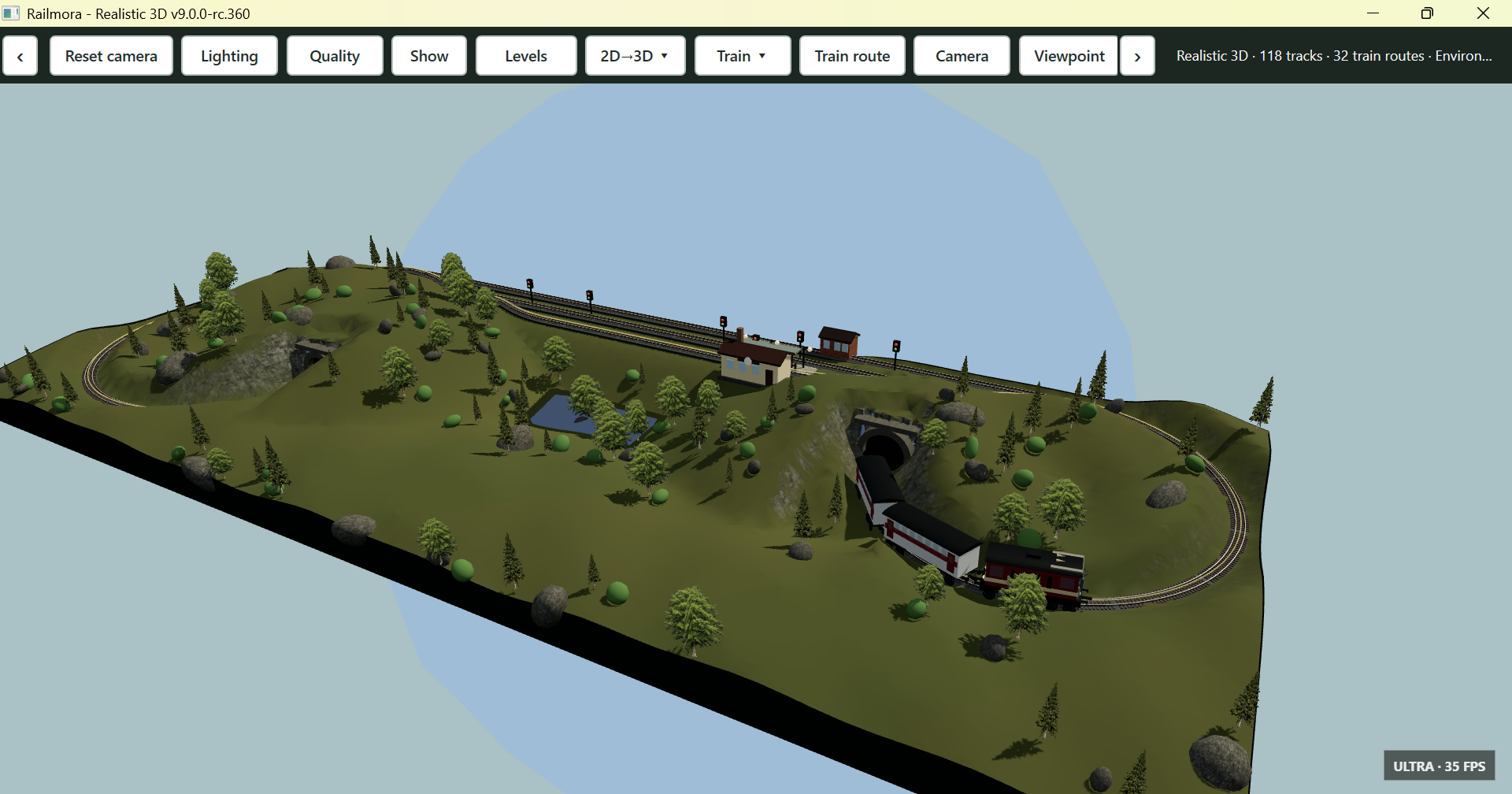 Railmora realistic 3D model railway view with terrain, trees, tunnel and train